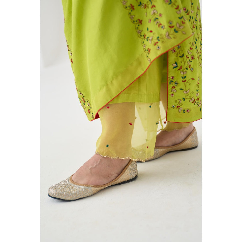 Janki India Lime Green Dupion Silk Embroidered Kurta with Pant and Dupatta (Set of 3)