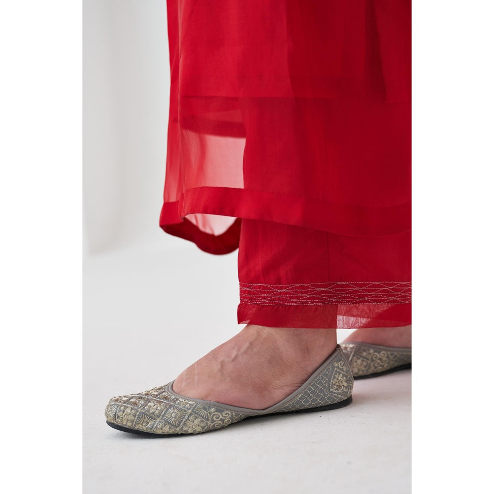Janki India Red Organza Embroidered Kaftan with Slip and Pant (Set of 3)