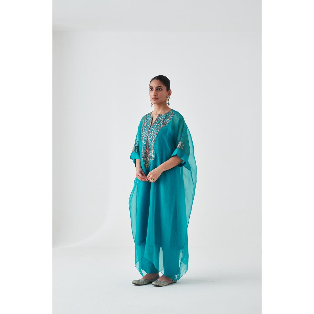 Janki India Turquoise Organza Embroidered Kaftan with Slip and Pant (Set of 3)