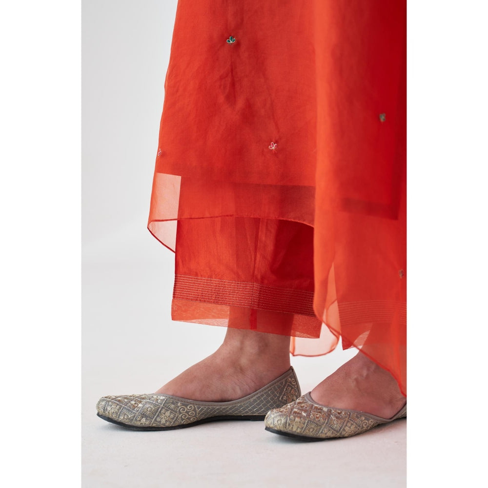 Janki India Rust Organza Embroidered Kaftan with Slip and Pant (Set of 3)