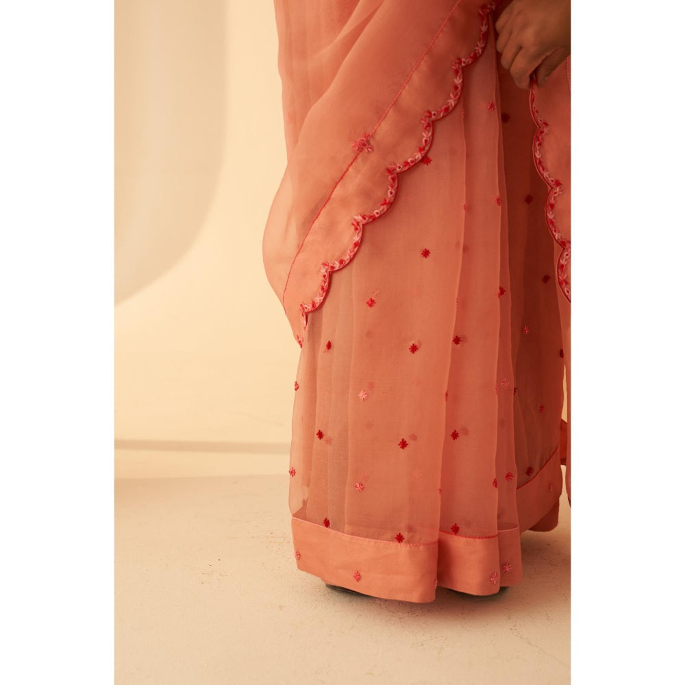 Janki India Women Peach Organza Embroidered Saree with Peticoat without Blouse