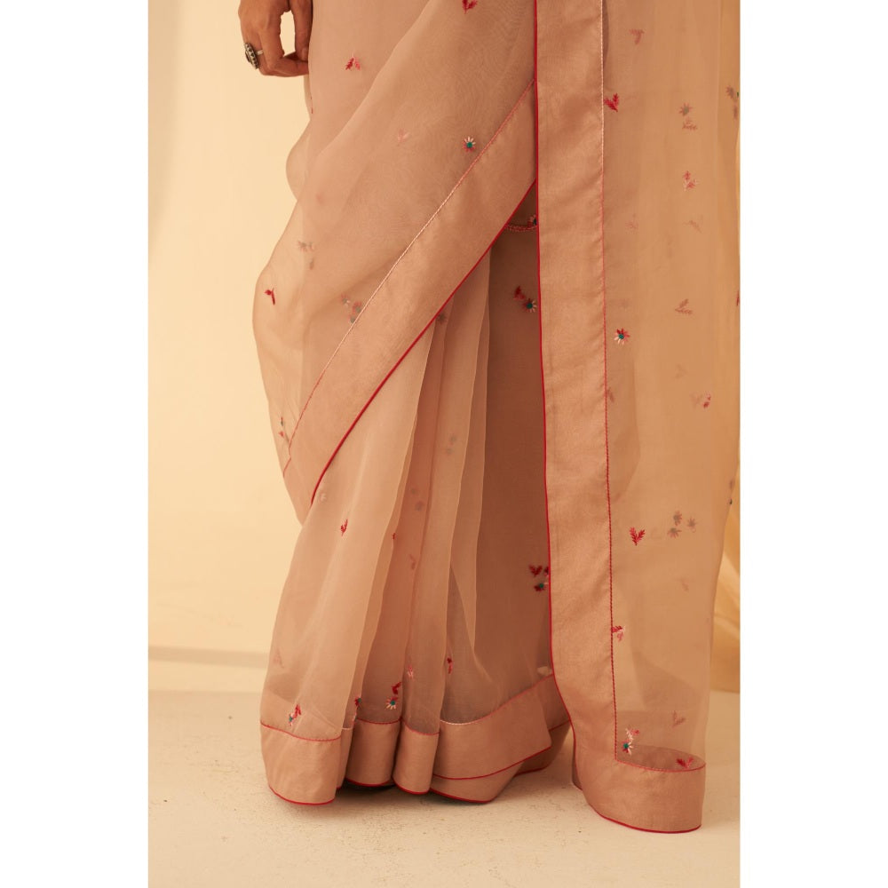 Janki India Women Gold Organza Embroidered Saree with Peticoat without Blouse