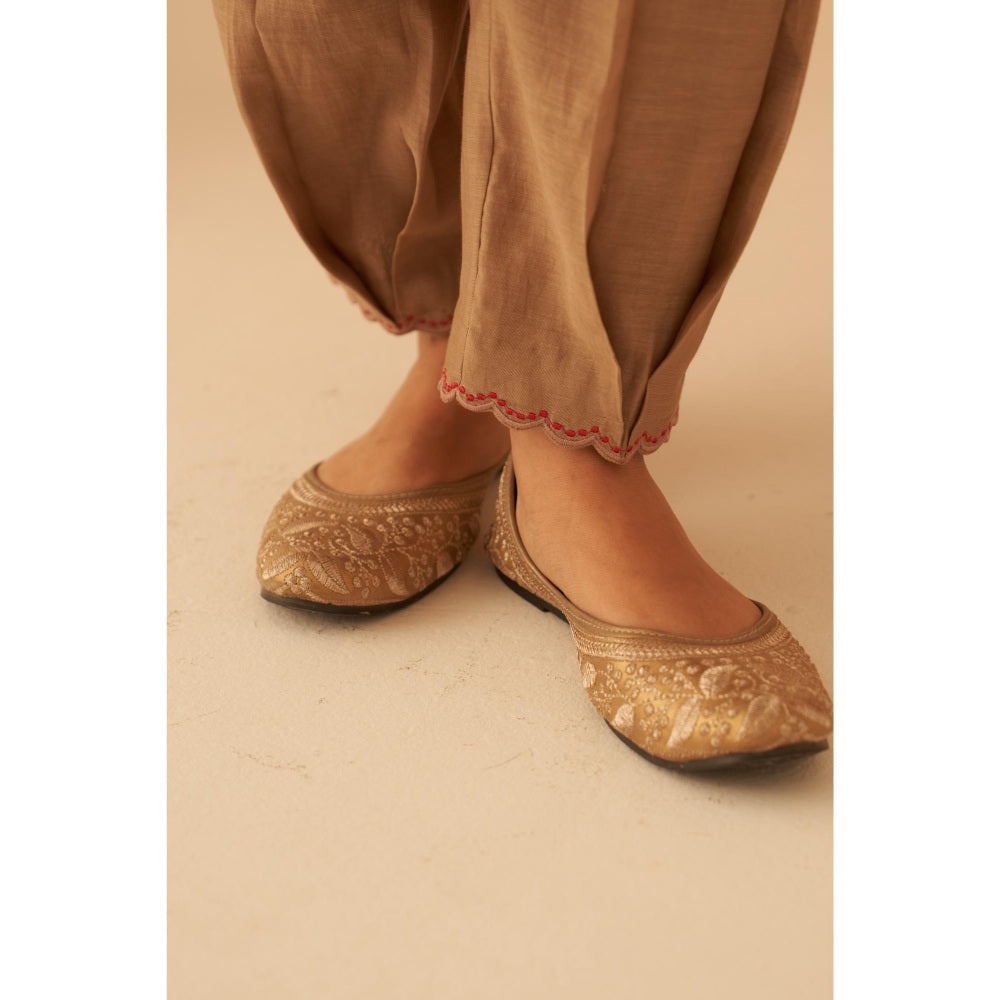 Janki India Champagne Chanderi Thread Embroidery Kurta with Pant and Dupatta (Set of 3)