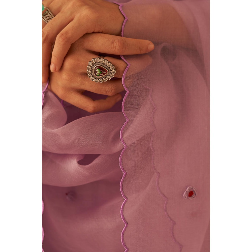 Janki India Floral Embroidered Lilac Kurta with Salwar and Dupatta with Slip (Set of 4)