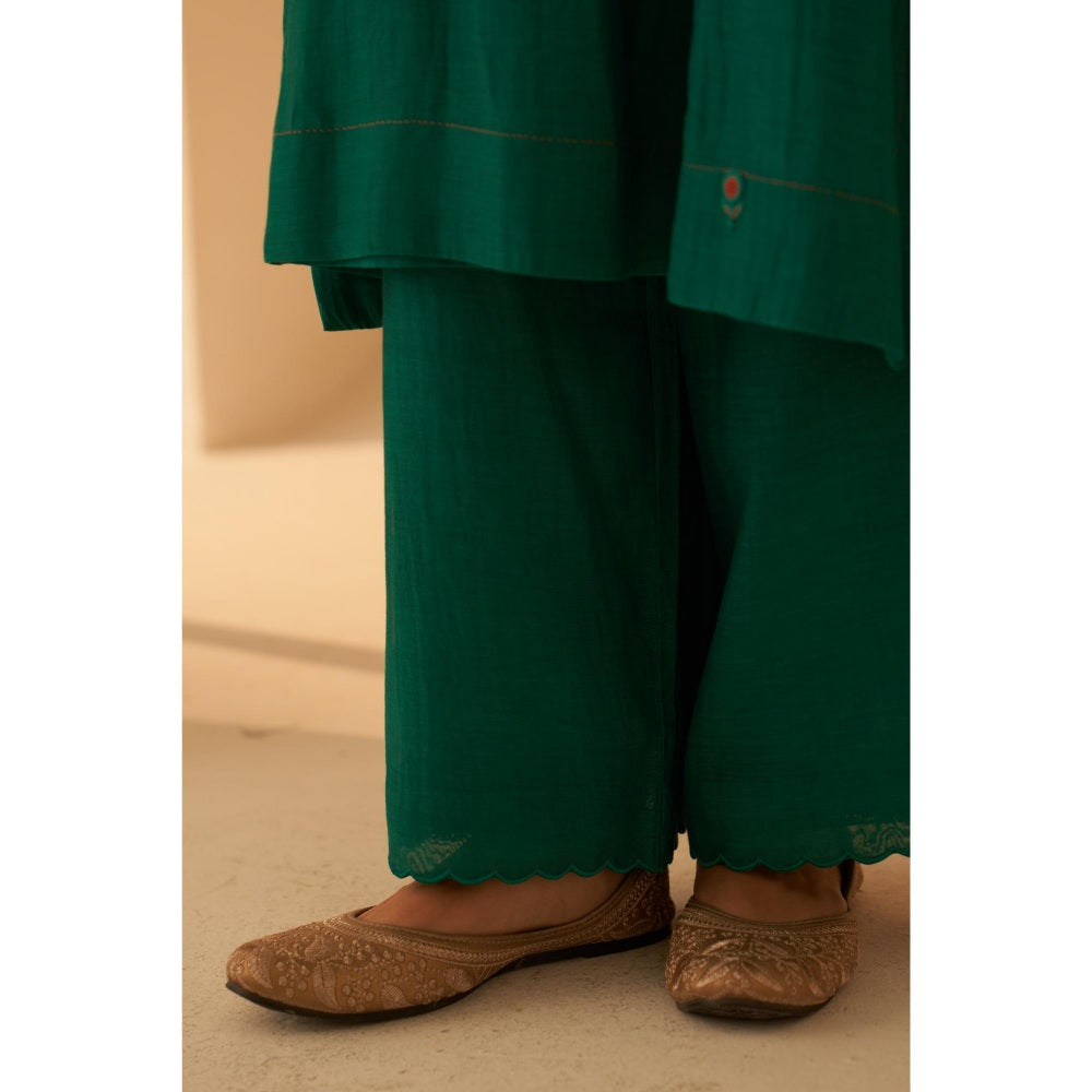 Janki India Rama Green Chanderi Floral Buti Embroidery Kurta with Pant and Dupatta (Set of 3)