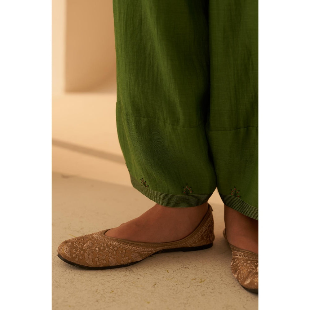 Janki India Green Chanderi Resham Buti Embroidery Kurta with Palazzo and Slip (Set of 3)