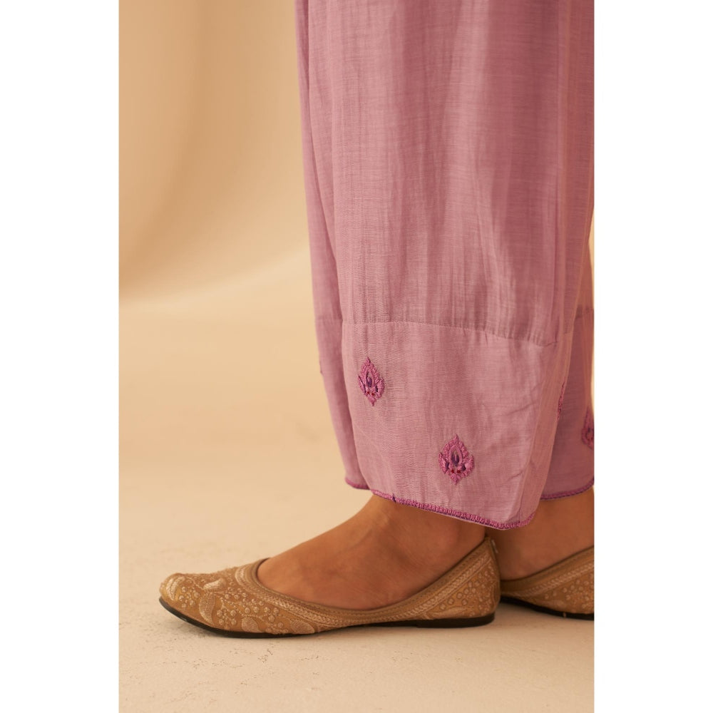 Janki India Dreamy Lilac Chanderi Floral Buta Embroidery Kurta with Palazzo and Slip (Set of 3)