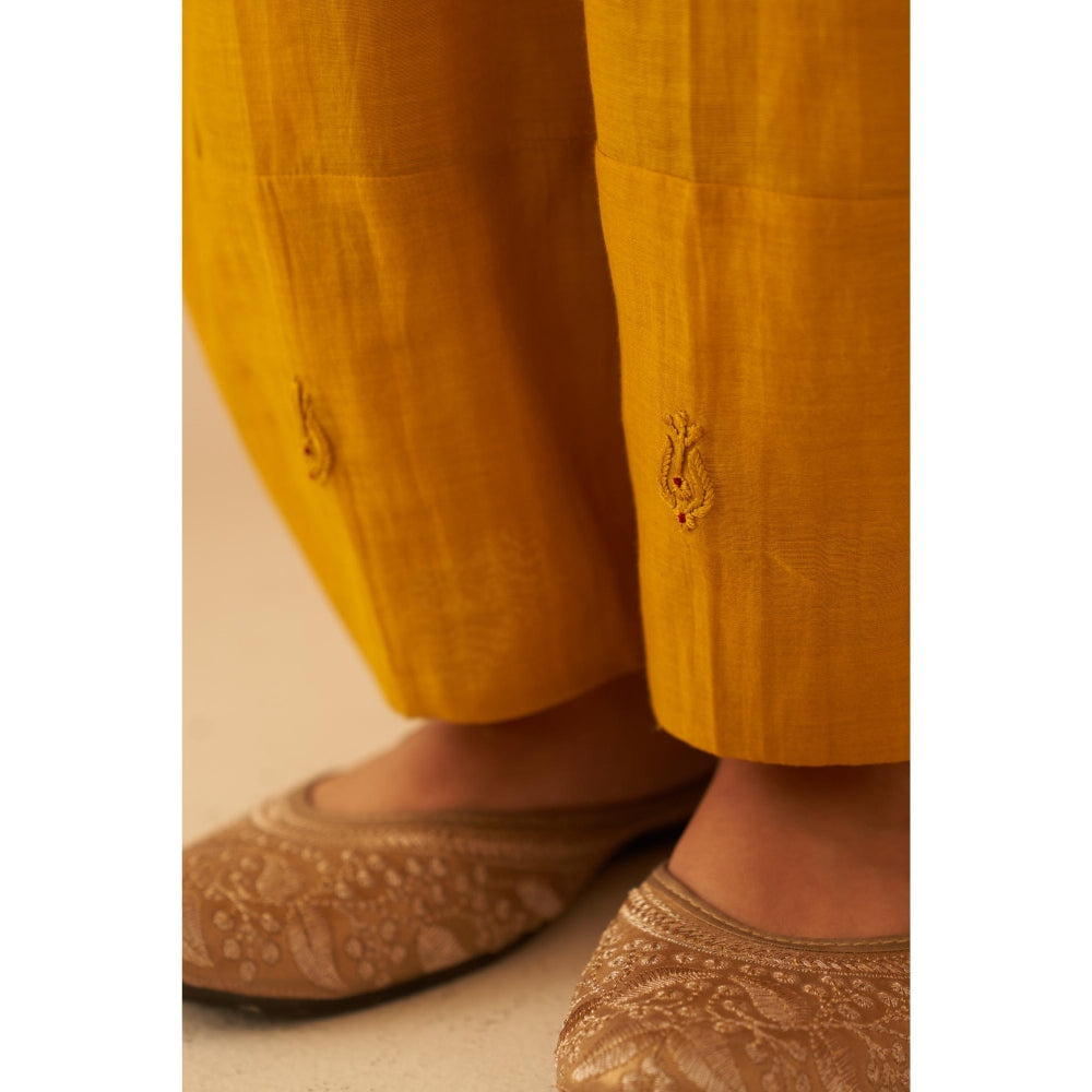 Janki India Timeless Mustard Embroidery Kurta with Palazzo and Slip (Set of 3)