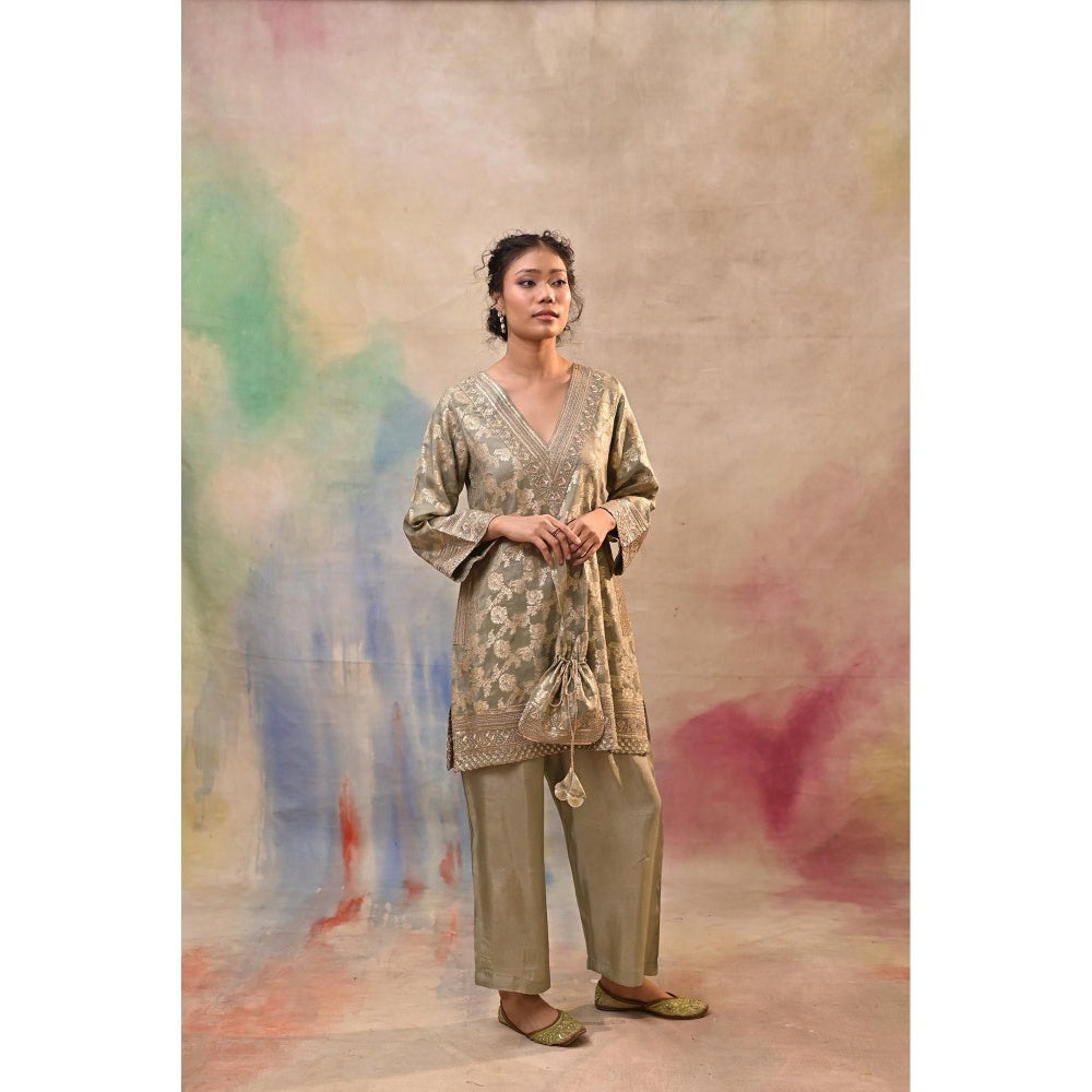 Jasashi Taupe Brocade Kurta with Pant and Potli Bag (Set of 3)