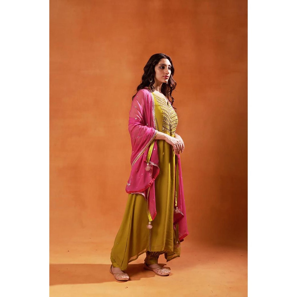 Jasashi Olive Green Embroidered Kurta with Salwar and Dupatta (Set of 3)