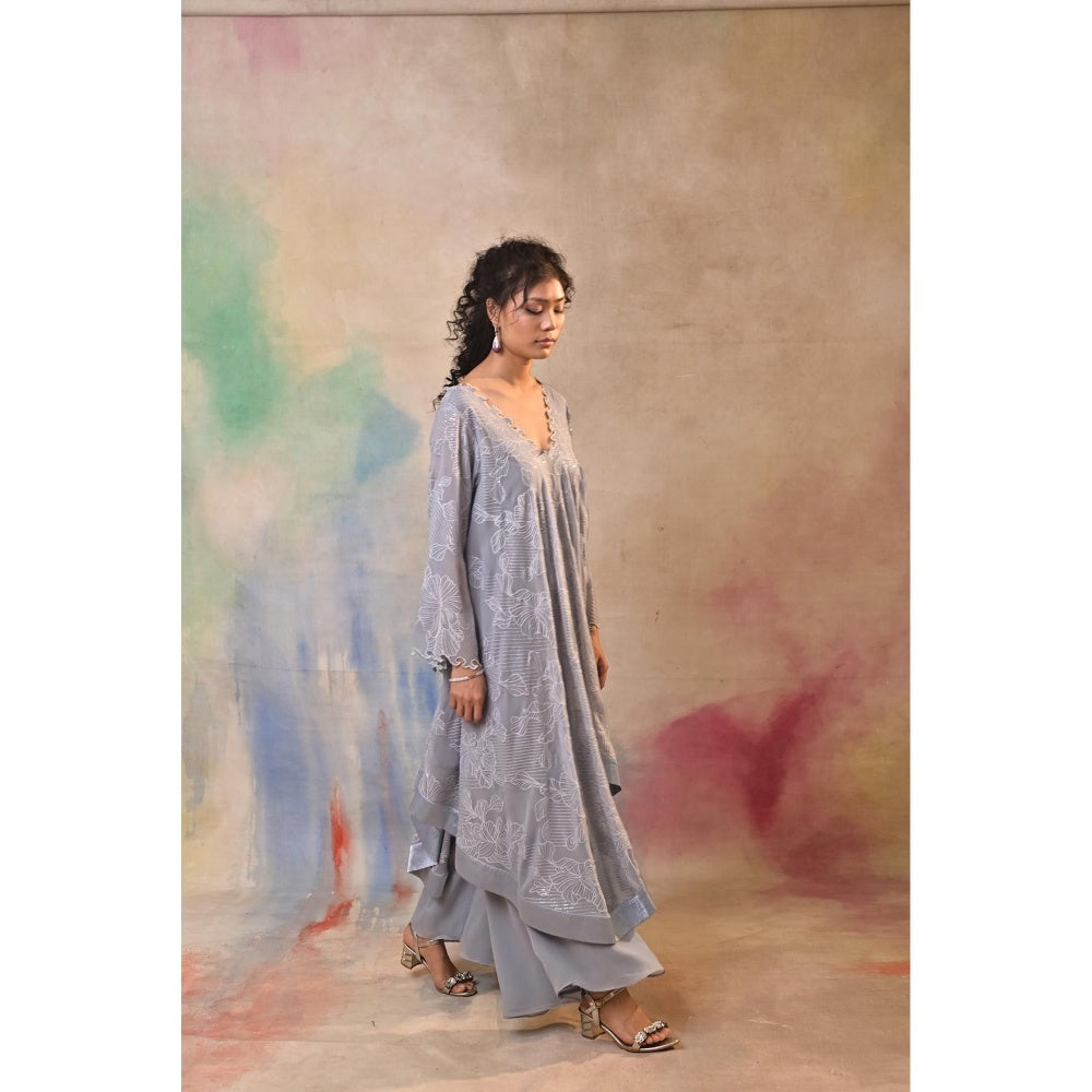 Jasashi Elegant Grey Embroidered Indo-Western Kurta with Palazzo (Set of 2)