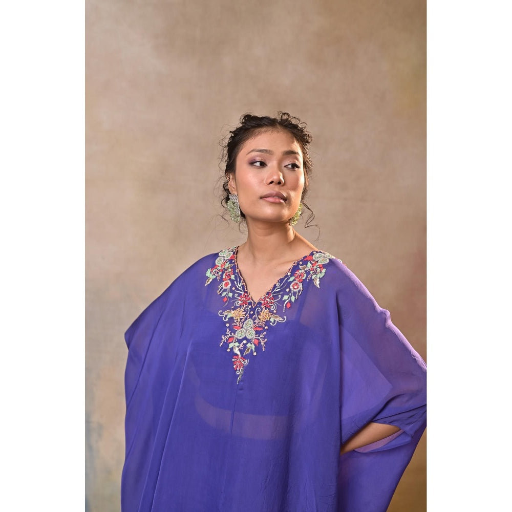 Jasashi Royal Blue Embroidered Indo-Western Cape Sleeve Kurta with Palazzo (Set of 2)