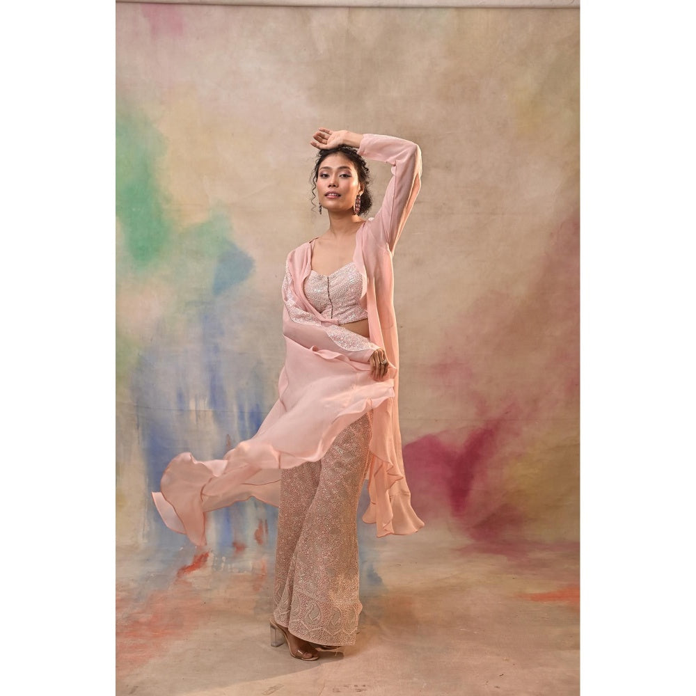 Jasashi Blush Pink Embroidered Indo-Western Crop Top with Palazzo and Cape (Set of 3)