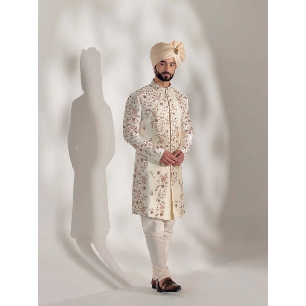Jatin Malik Ivory Ochre Sherwani & Kurta (Set of 4)