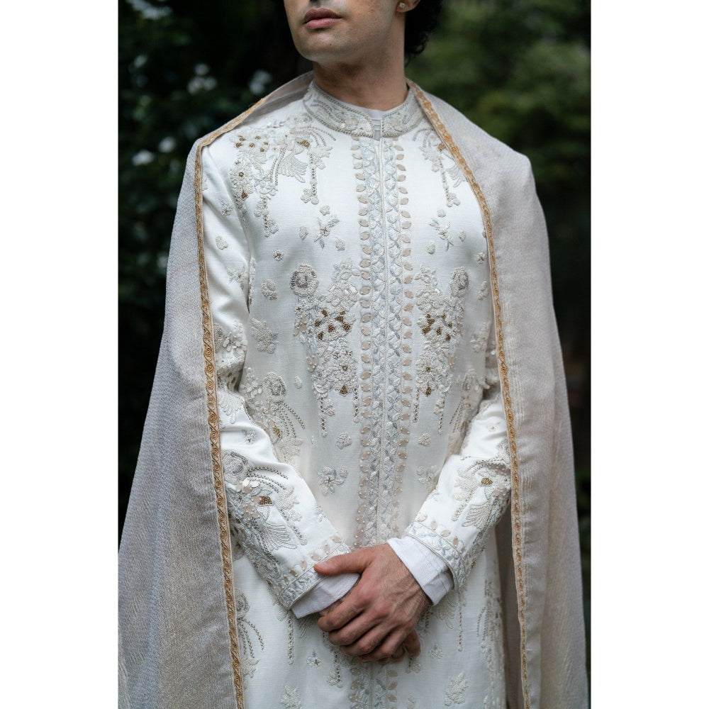 Jatin Malik Wisteria Sherwani Kurta with Churidar and Stole (Set of 4)