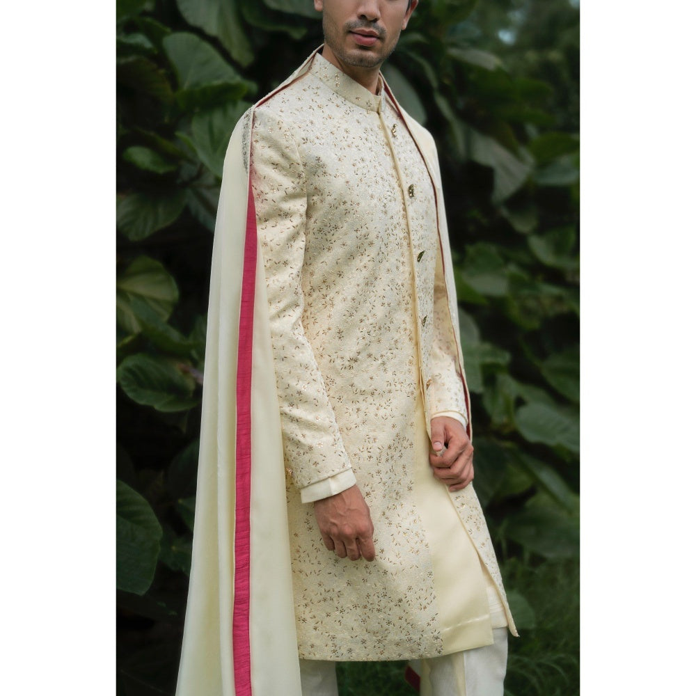 Jatin Malik Butter Sherwani Kurta with Churidar and Stole (Set of 4)