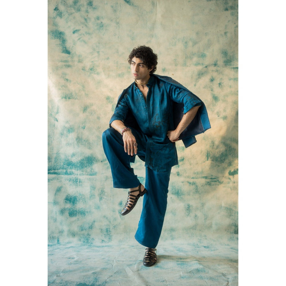 Jatin Malik Blue Thistle Kurta with Trouser (Set of 2)