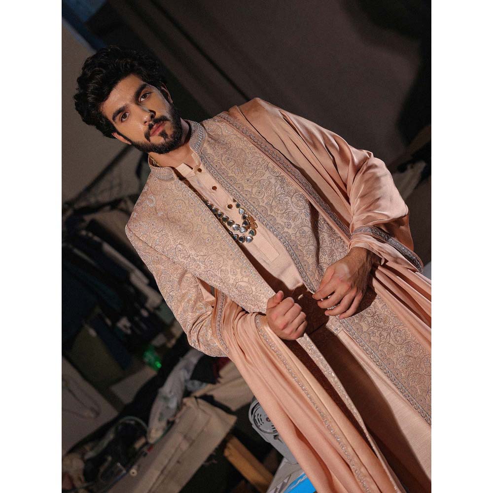 Jatin Malik Natural Rose Gold Embroidered Sherwani with Kurta and Churidar (Set of 3)