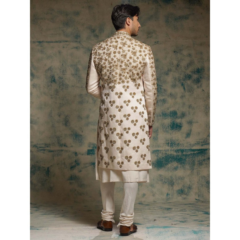 Jatin Malik Cream Apricot Ivory Silk Embroidered Zari Sherwani with Churidar and Dupatta