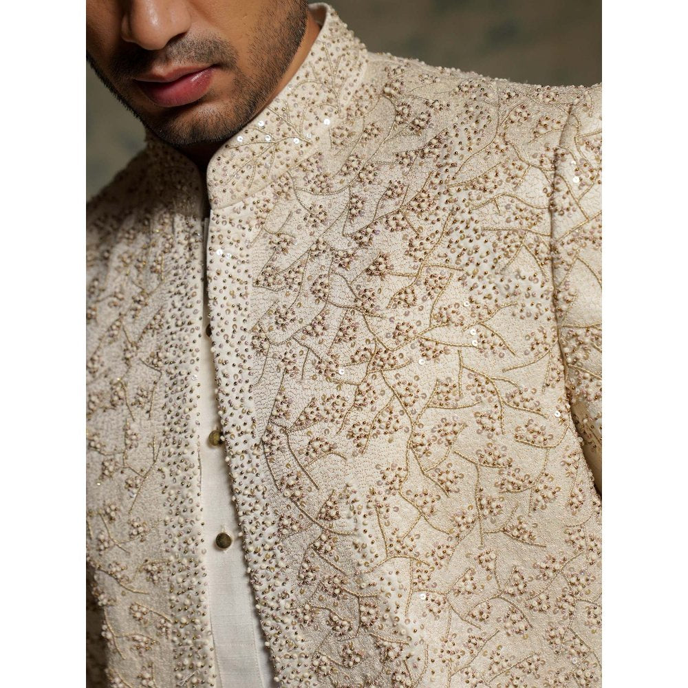 Jatin Malik Ivory Embroidered Pearl Open Sherwani with Kurta and Churidar and Dupatta