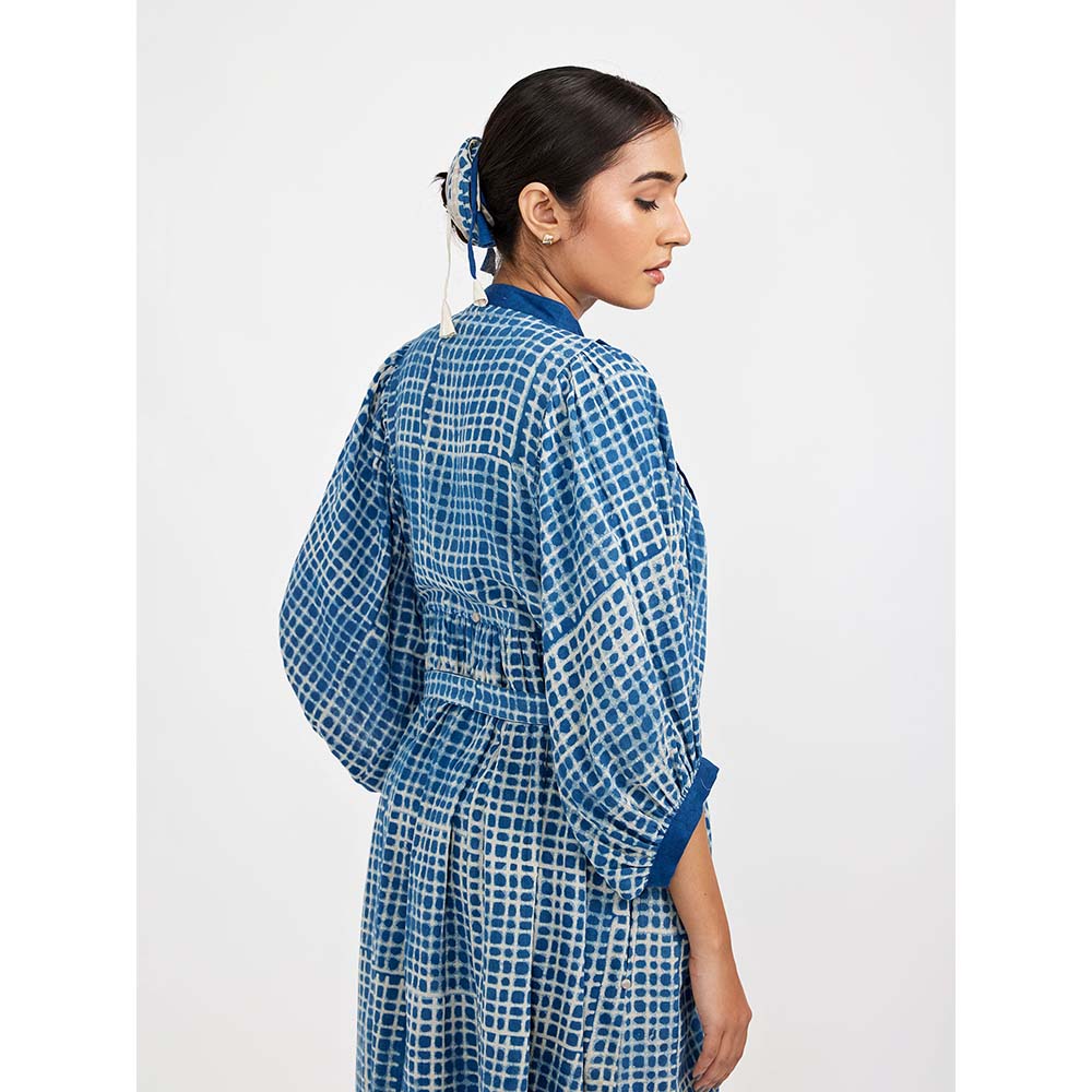 JAYATI GOENKA Blue Block Printed Checkered Midi Dress (Set of 2)