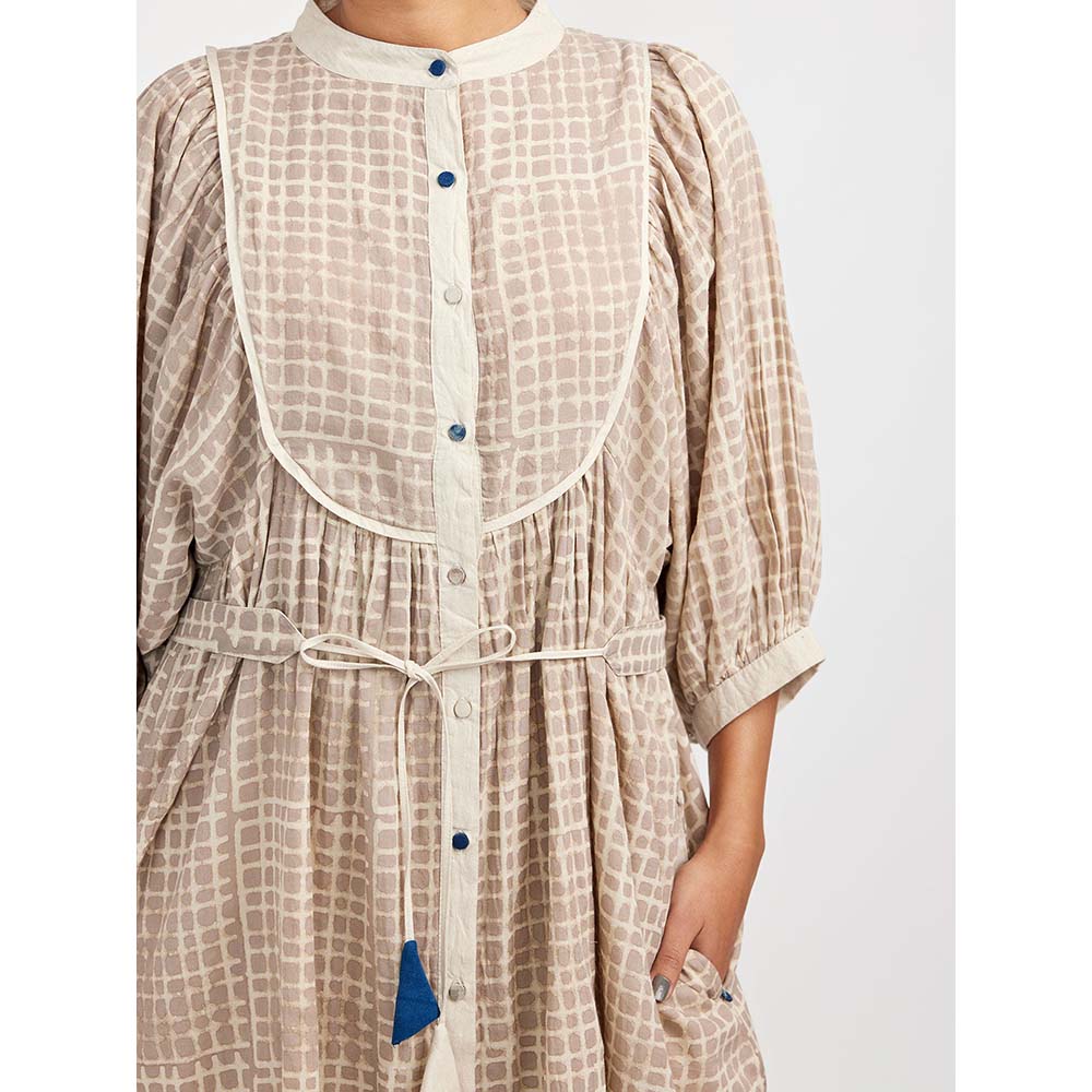 JAYATI GOENKA Beige Block Printed Checkered Midi Dress (Set of 2)