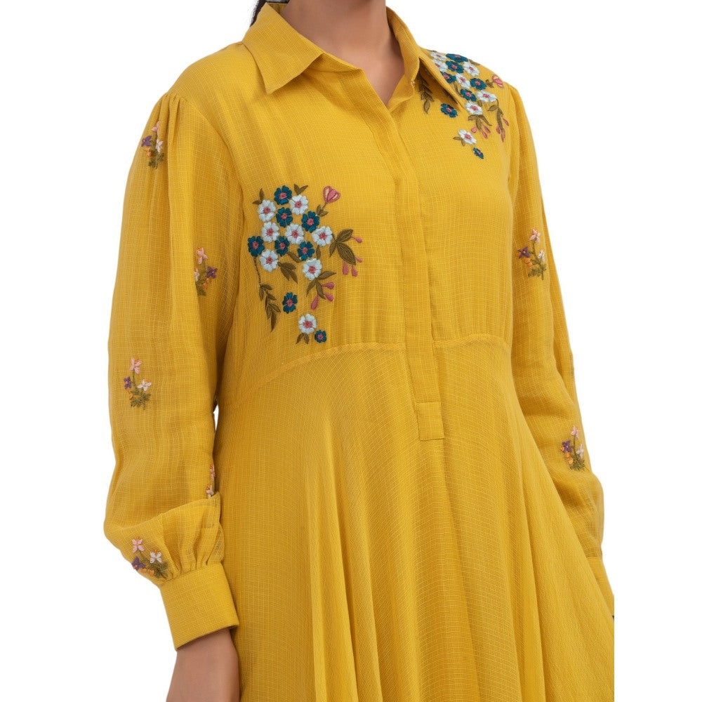 Journal By Pranay Mustard Yellow Embroidered Maxi Dress