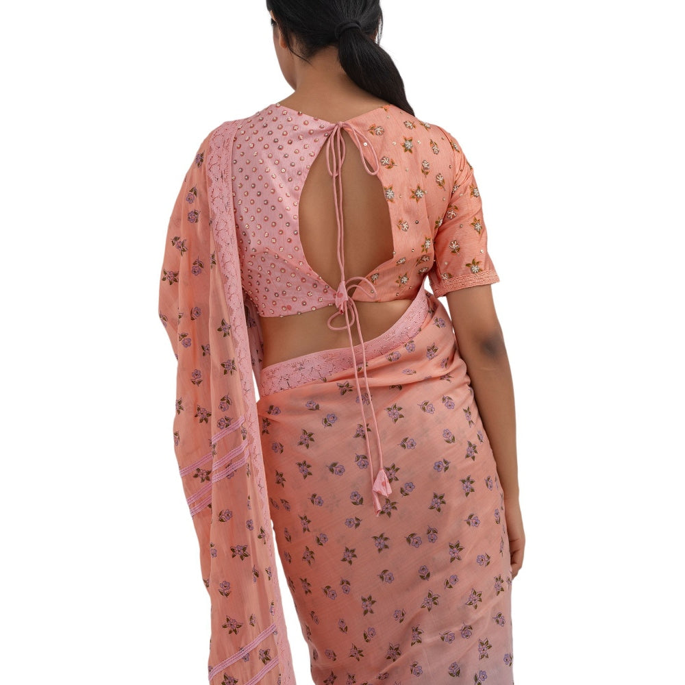 Journal By Pranay Peach Printed Muslin Silk Saree With Stitched Blouse