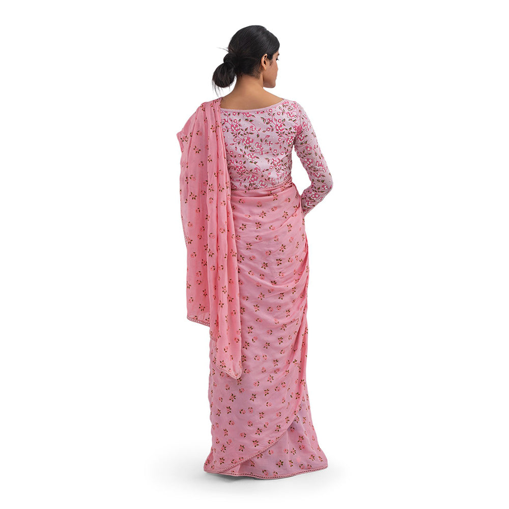 Journal By Pranay Pastel Pink Floral Muslin Silk Saree With Stitched Blouse