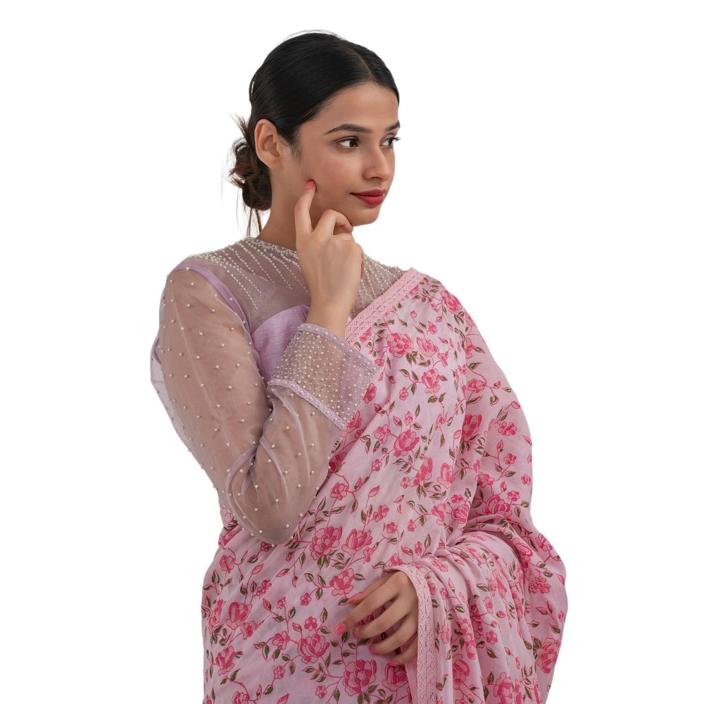 Journal By Pranay Pastel Pink Floral Saree With Stitched Blouse