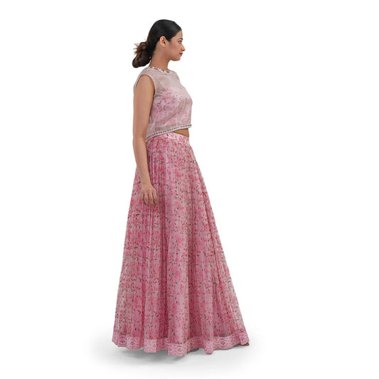 Journal By Pranay Pastel Pink Floral Lehenga With Bustier & Cape (Set of 3)