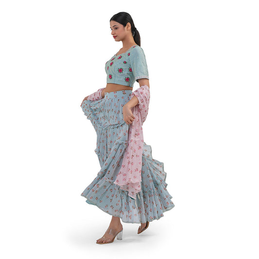 Journal By Pranay Pastel Blue Floral Silk Lehenga With Choli & Dupatta (Set of 3)