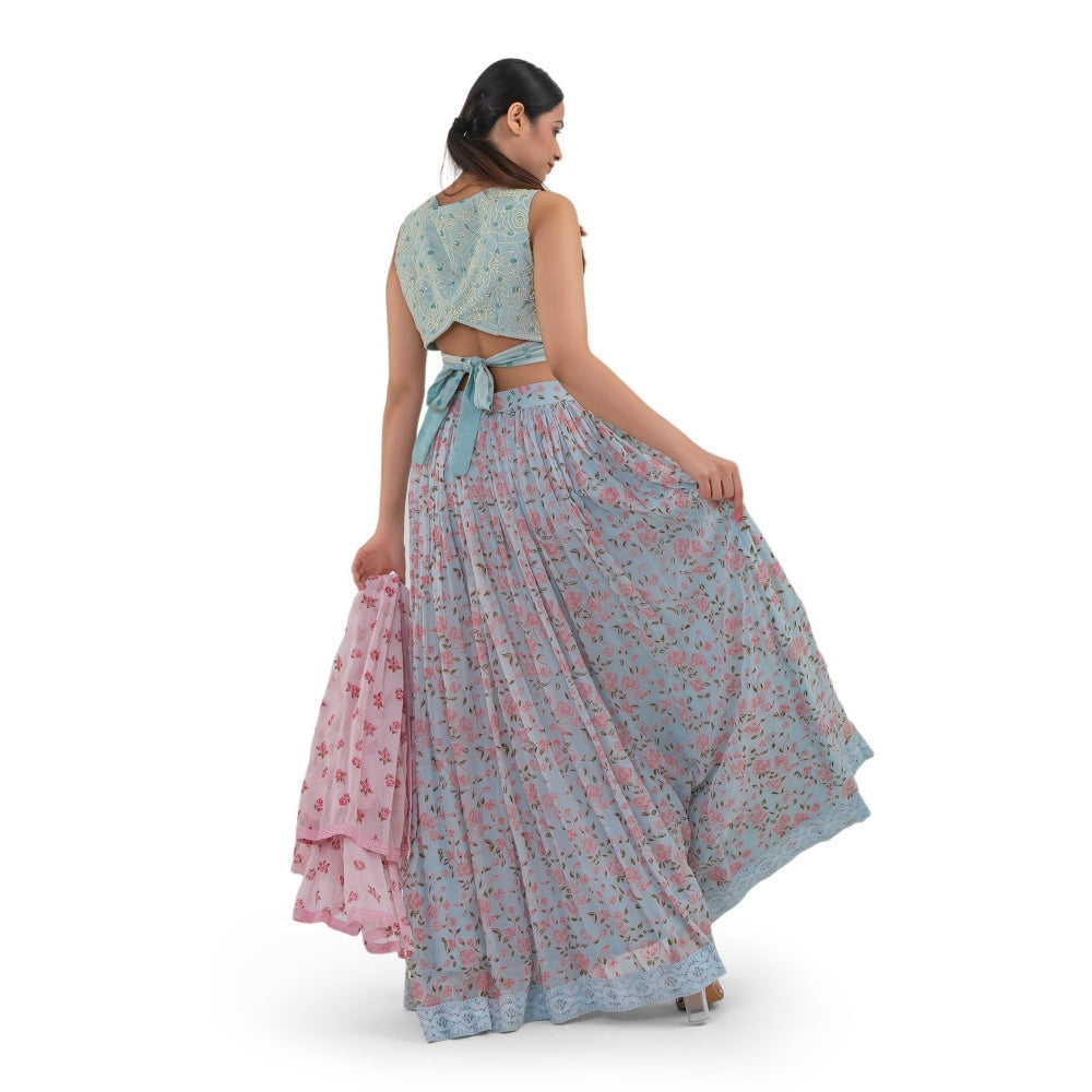 Journal By Pranay Powder Blue Floral Lehenga With Choli & Dupatta (Set of 3)