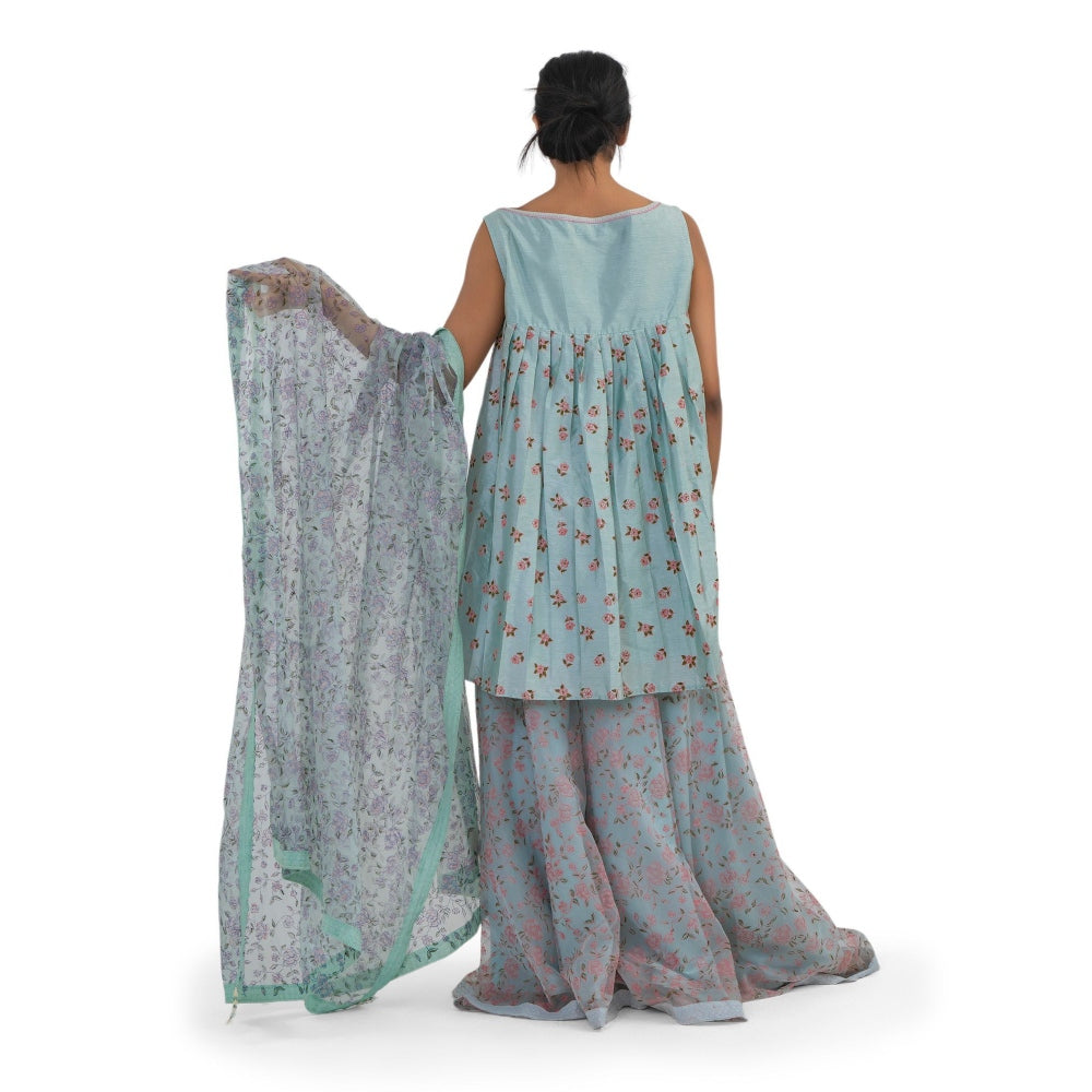 Journal By Pranay Powder Blue Floral Embroidered Kurti With Sharara & Dupatta (Set of 3)