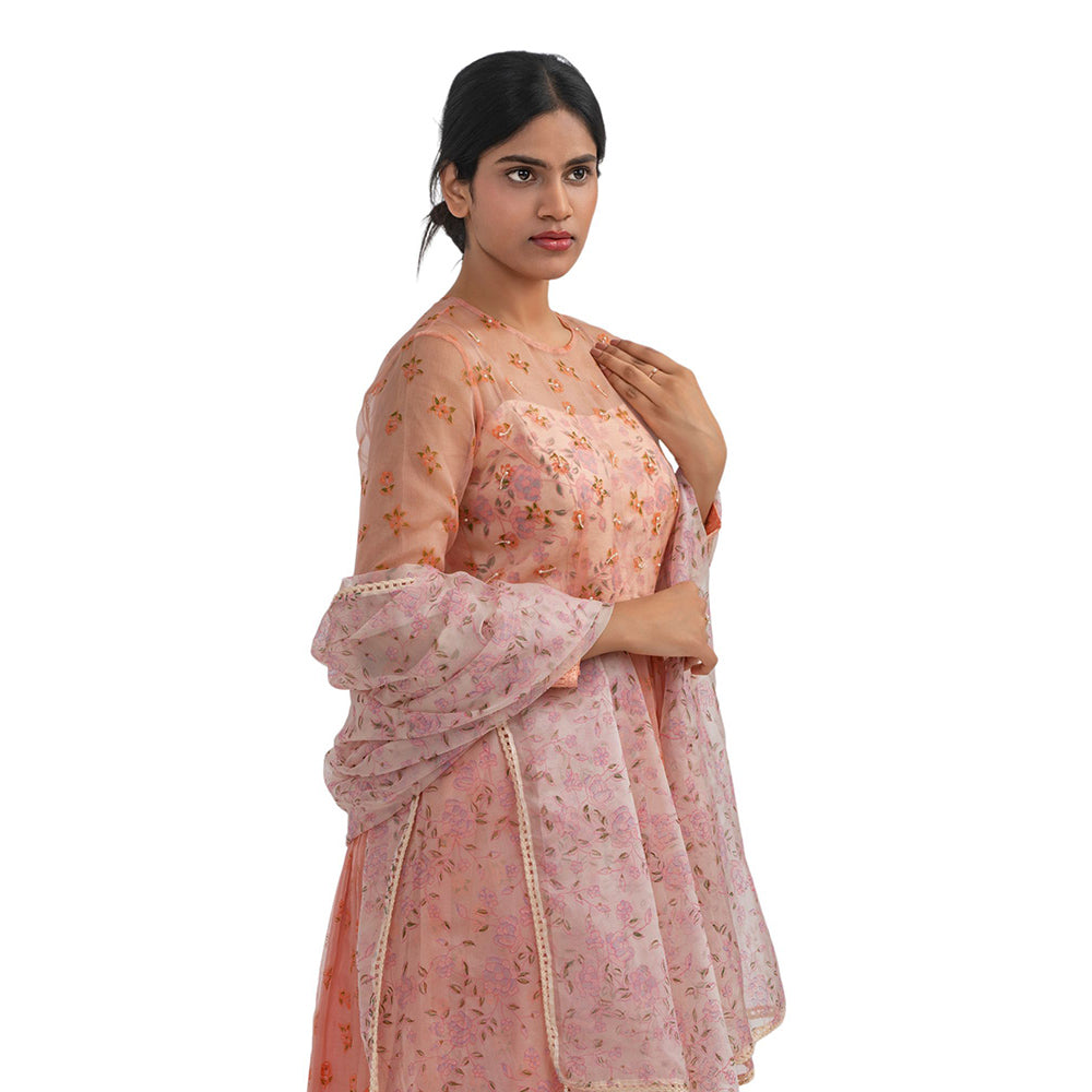 Journal By Pranay Peach Floral Anarkali Kurta With Dupatta (Set of 2)