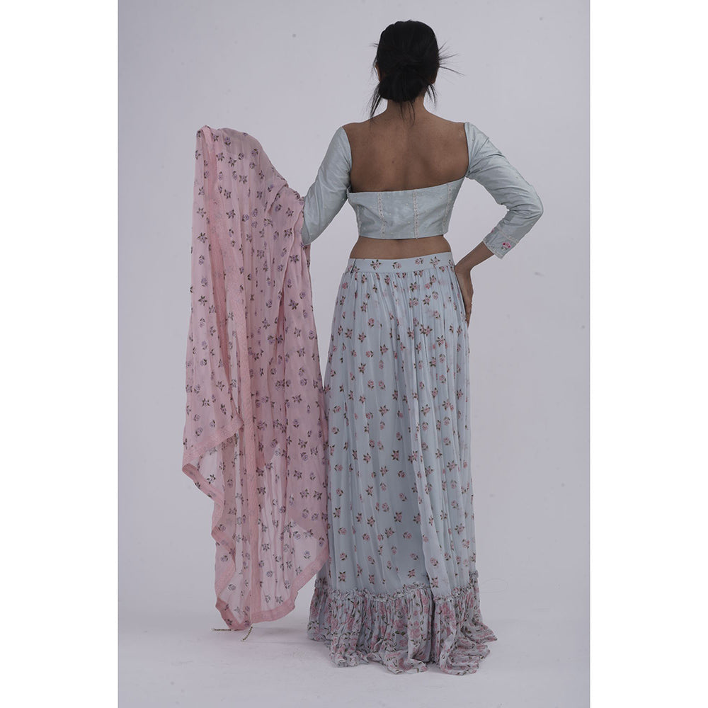 Journal By Pranay Pastel Blue Embroidered Printed Lehenga With Choli & Dupatta (Set of 3)