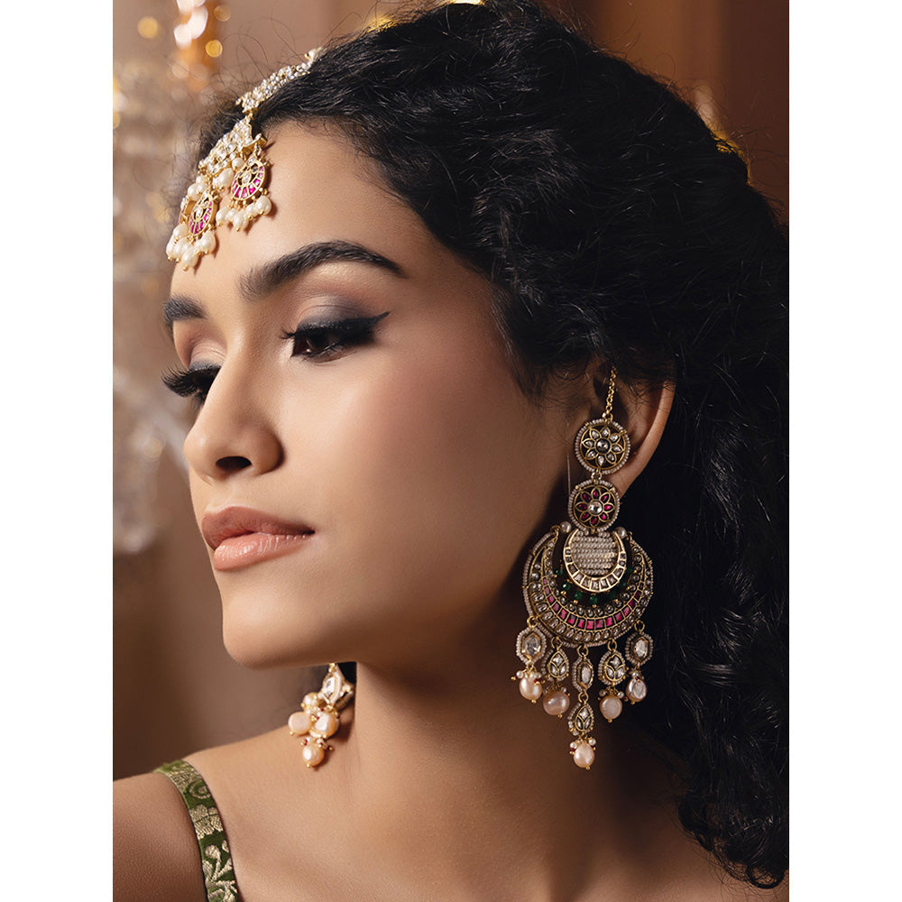 Joules By Radhika Multi-Color Polki-Pearl Glamorous Gold Earrings