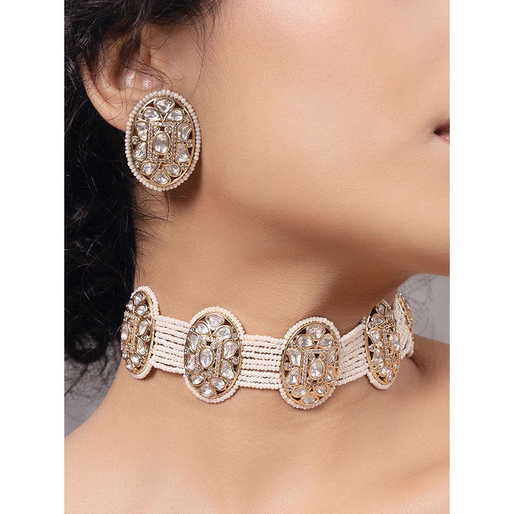 Joules By Radhika White Polki-Pearl Exquisite Choker Necklace with Earrings