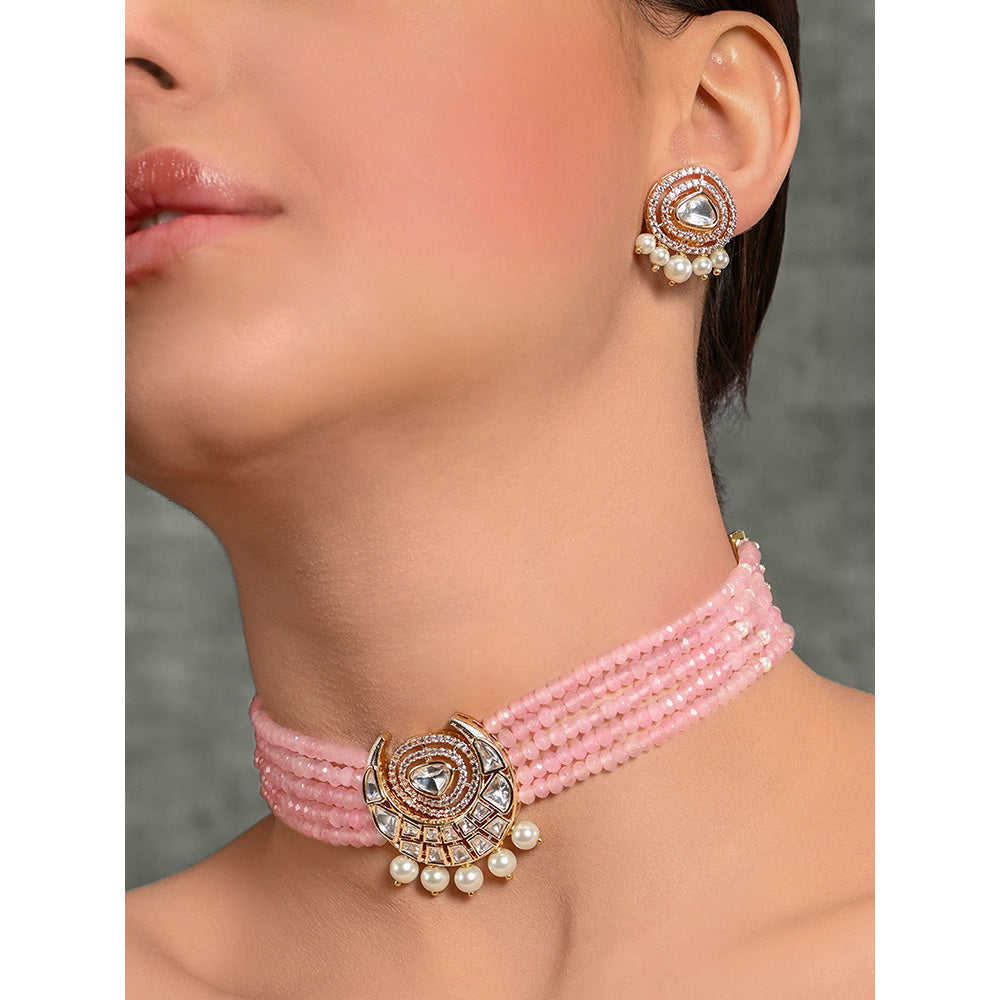 Joules By Radhika Pink & White Scintillating Beaded Choker with Earrings