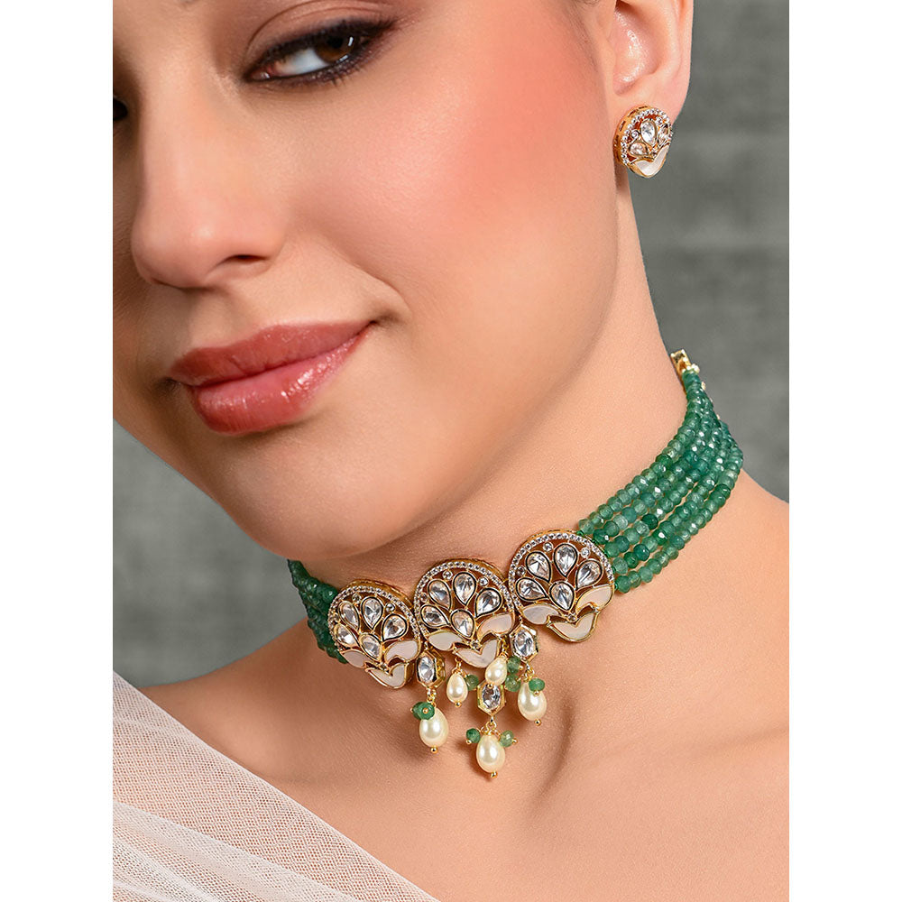 Joules By Radhika White & Green Enthralling Choker with Earrings
