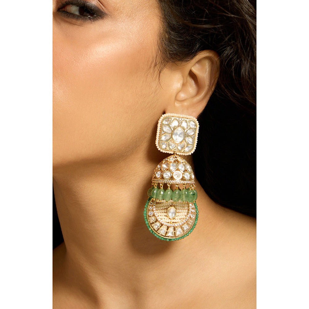 Joules By Radhika Exquisite Green Bead Kundan Polki Jhumka Earrings