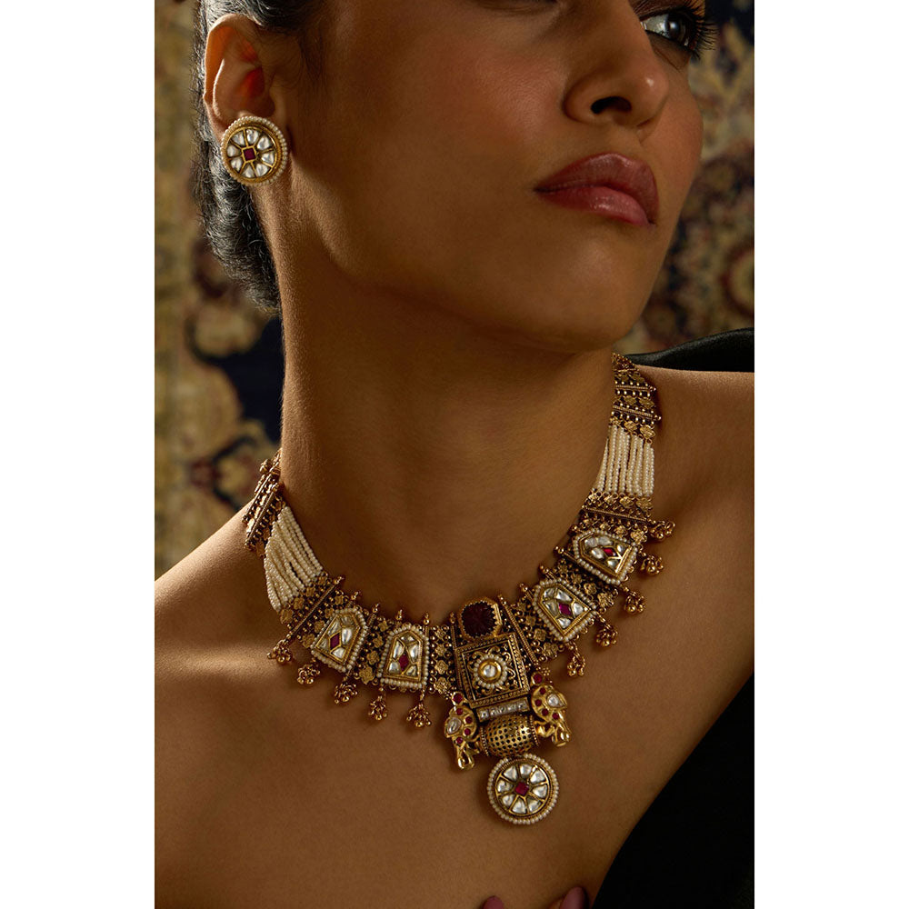 Joules By Radhika Red Stone and White Pearl Fusion Necklace Set