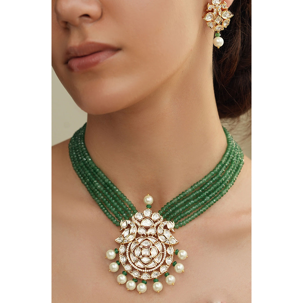 Joules By Radhika Green Polki Charm Beaded Kundan Necklace Set