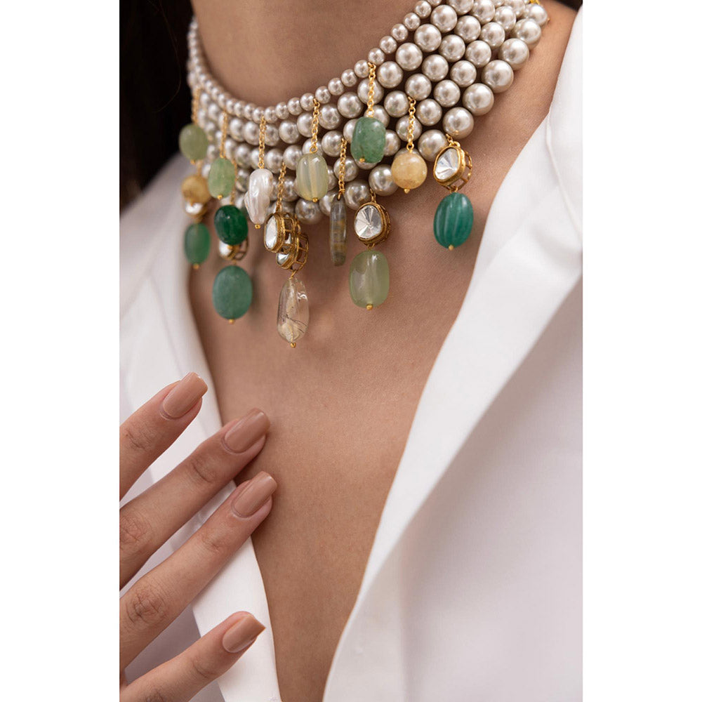 Joules By Radhika Aarya Green Stone Pearl Choker