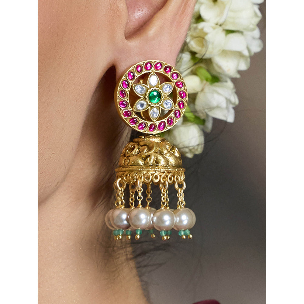 Joules By Radhika Multi-Color Pearl Kundan Jhumka Earrings