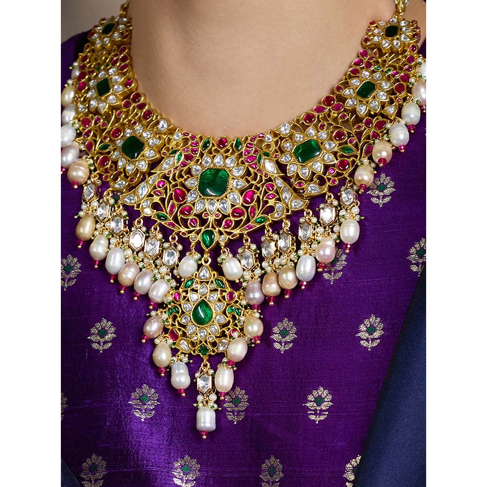 Joules By Radhika Multi-Color Royal Bridal Polki Necklace with Earrings