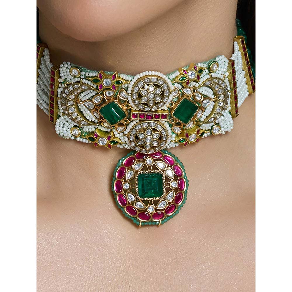 Joules By Radhika Multi-Color Rajsi Ruby-Green Choker with Earrings