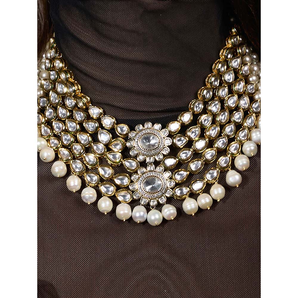 Joules By Radhika White Sitara Pearl Cascade Necklace with Earrings & Maang Tikka