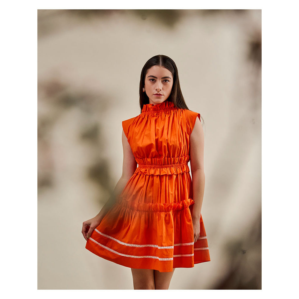 Juhi Nanda Orange Pleated Dress With Lace Detailing