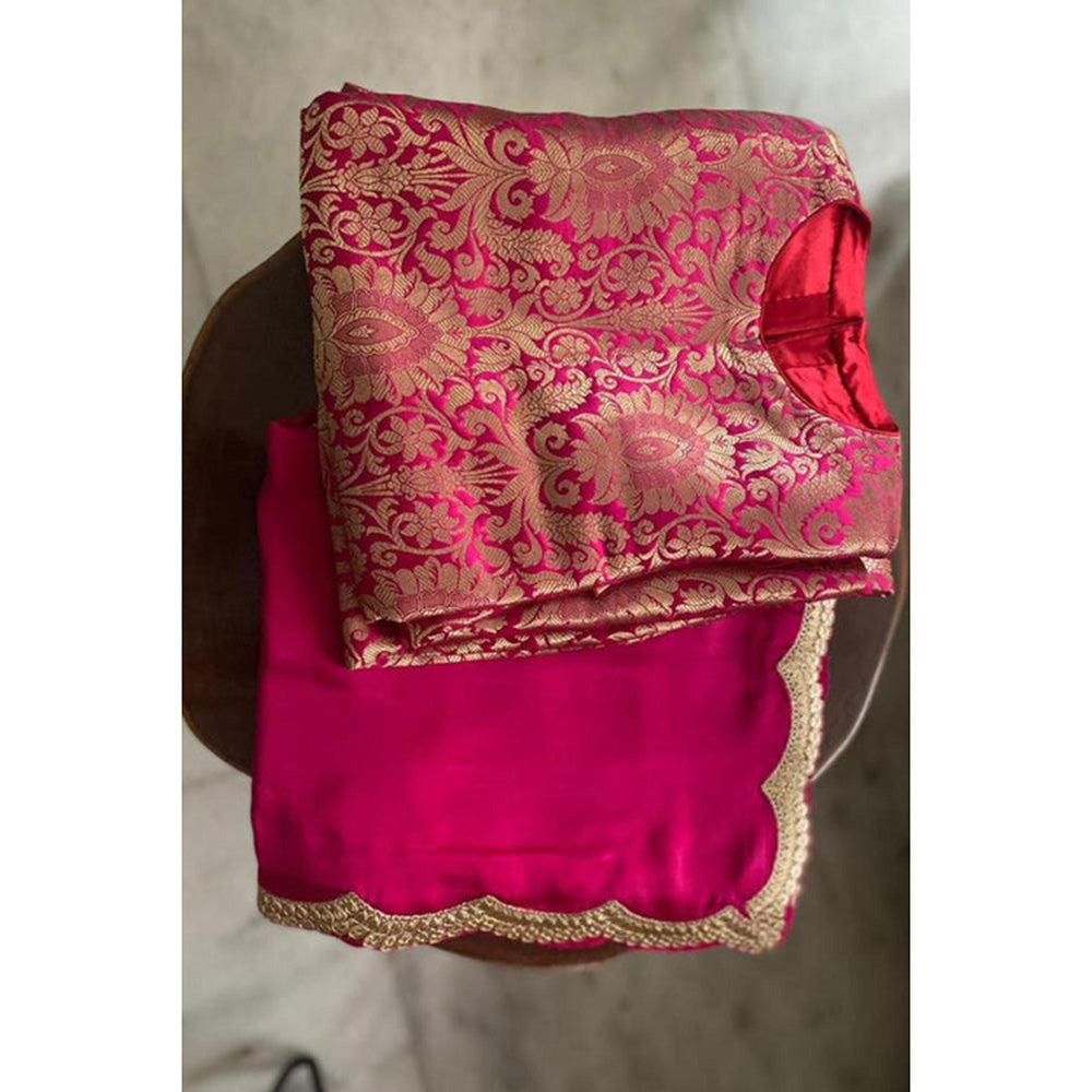 JUHI NANDA Brocade Red Woven Round Neck Kurta with Pant and Dupatta